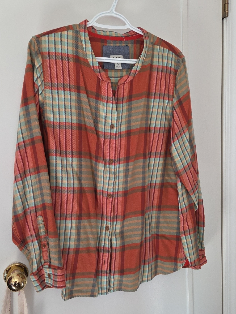 L.L. Bean Rust and Mint Plaid Button-Down Shirt